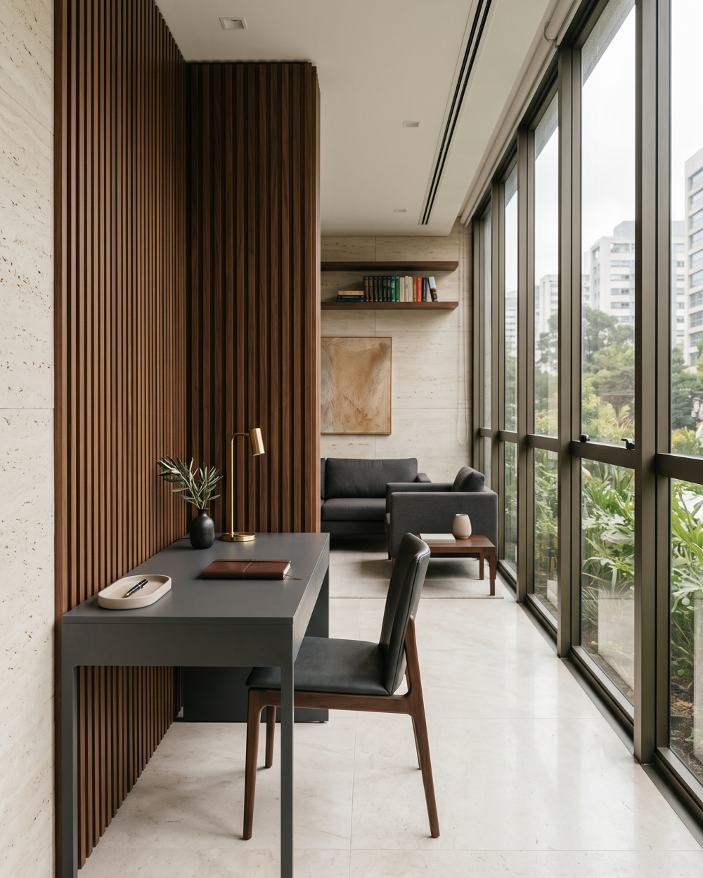 Interior contemporâneo com madeira e iluminação natural